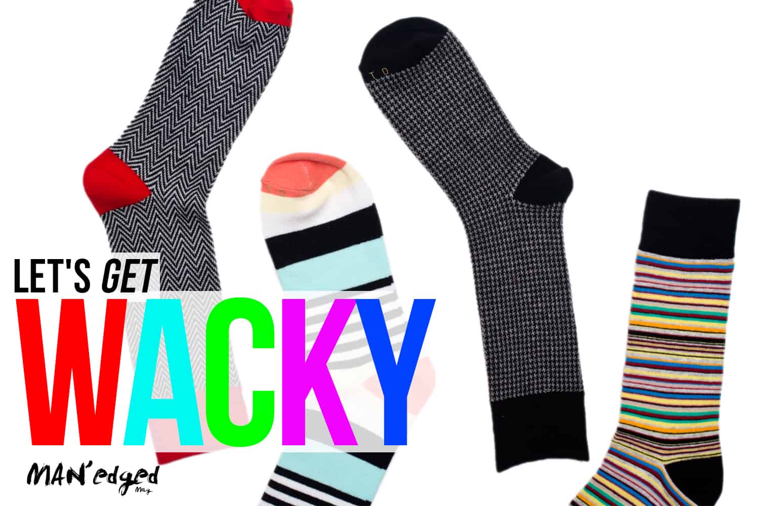 four bold colored and heavily patterned socks, image title let's get wacky, man'edged magazine