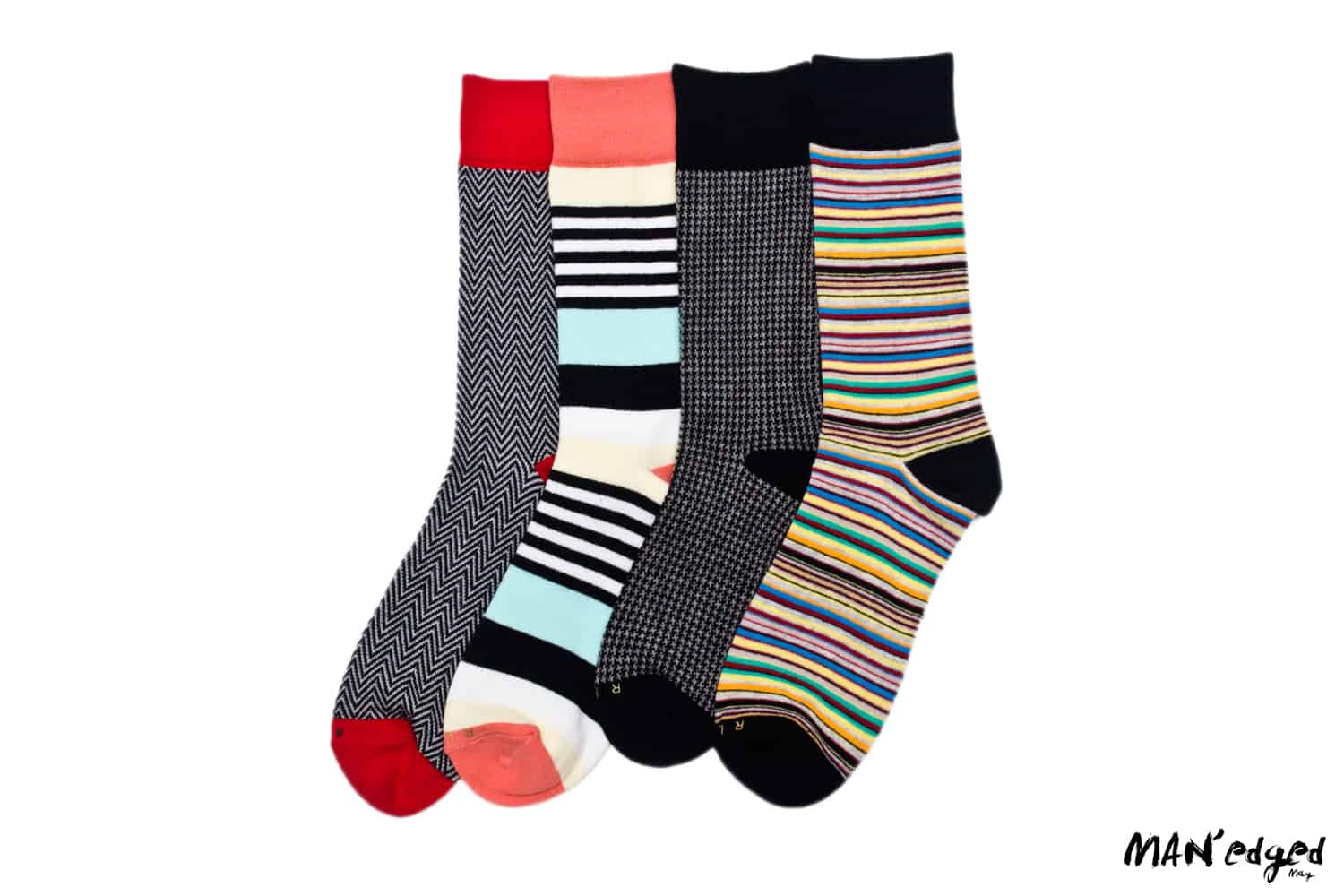 large image of related garment socks, featuring bold men's sock designs and colors
