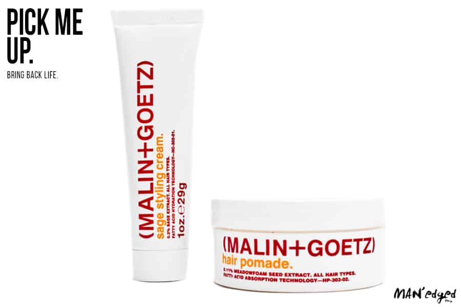 The Pick Me Up feature continues with a sleek men's hair product line. Malin + Goetz sage styling cream and hair pomade.