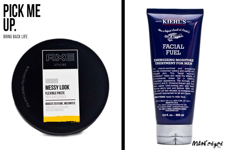 Two cool men's grooming products. Item one is from Axe. Axe's messy look flexible paste. The second men's grooming product is Kieh'ls facial fuel moisturizer. 