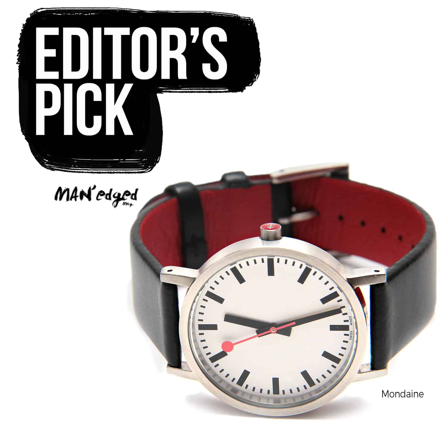 Editor's Pick highlight featuring the men's watch by Mondaine SBB Classic Pure Watch Close Up
