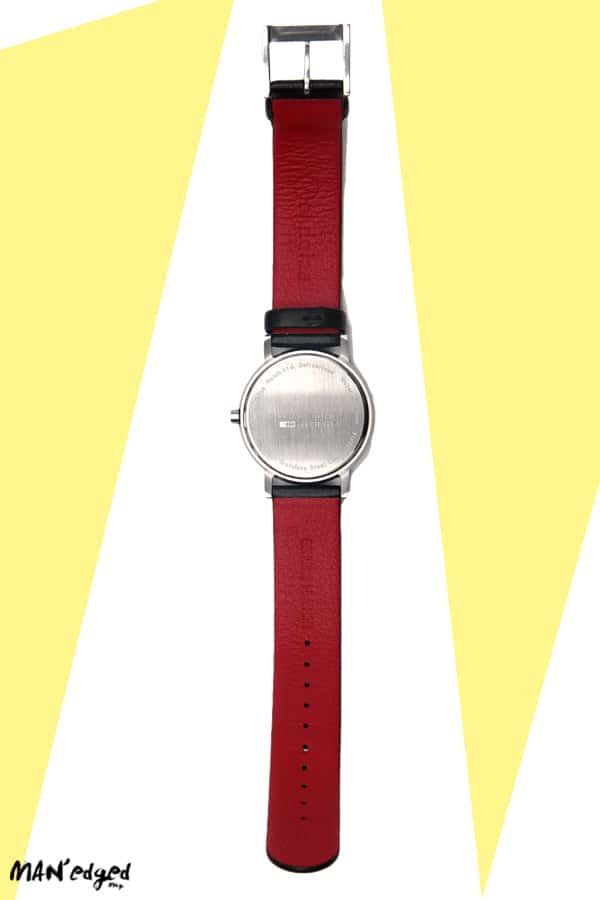 Back of Mondaine Men's Watch with red genuine leather straps