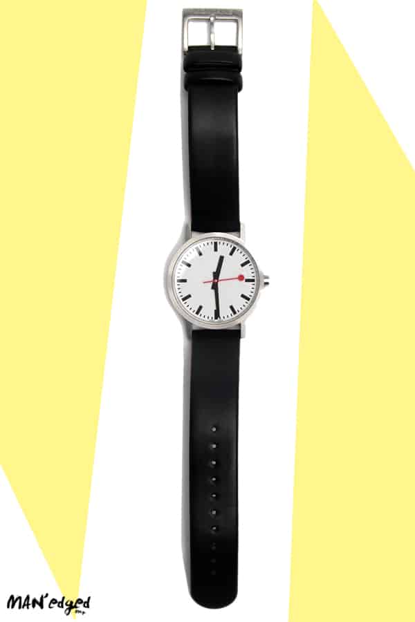 Close up the black men's watch by Mondaine in the MAN'edged Magazine Editor's Pick highlight