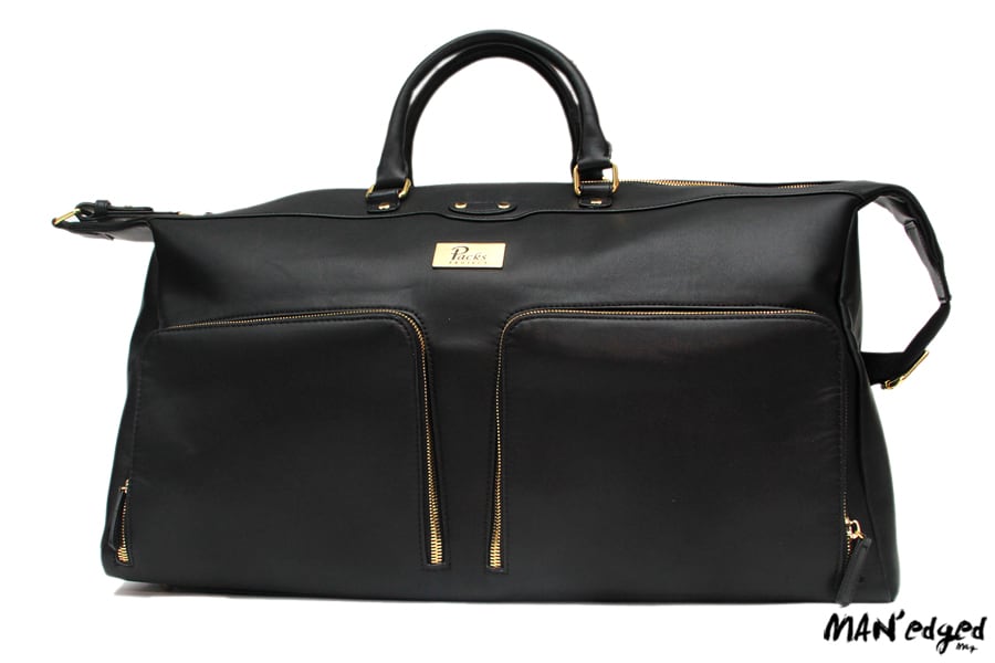 Large black men's weekender travel bag with leather details and zippers from Packs Project