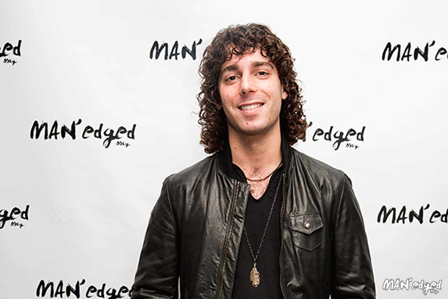 Musician Josh Taerk at the MANedged Magazine event in Soho, New York wearing leather jacket.
