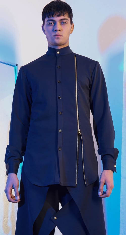 Menswear Designer Woodhouse showcasing a size zip men's button down shirt on model