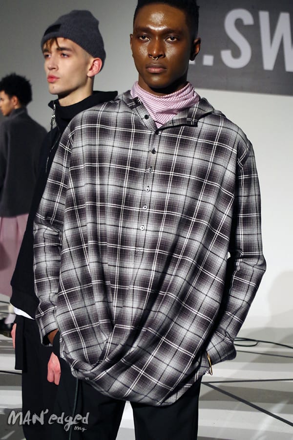 R.Swiader at New York Men's Day model featuring plaid men's shirt