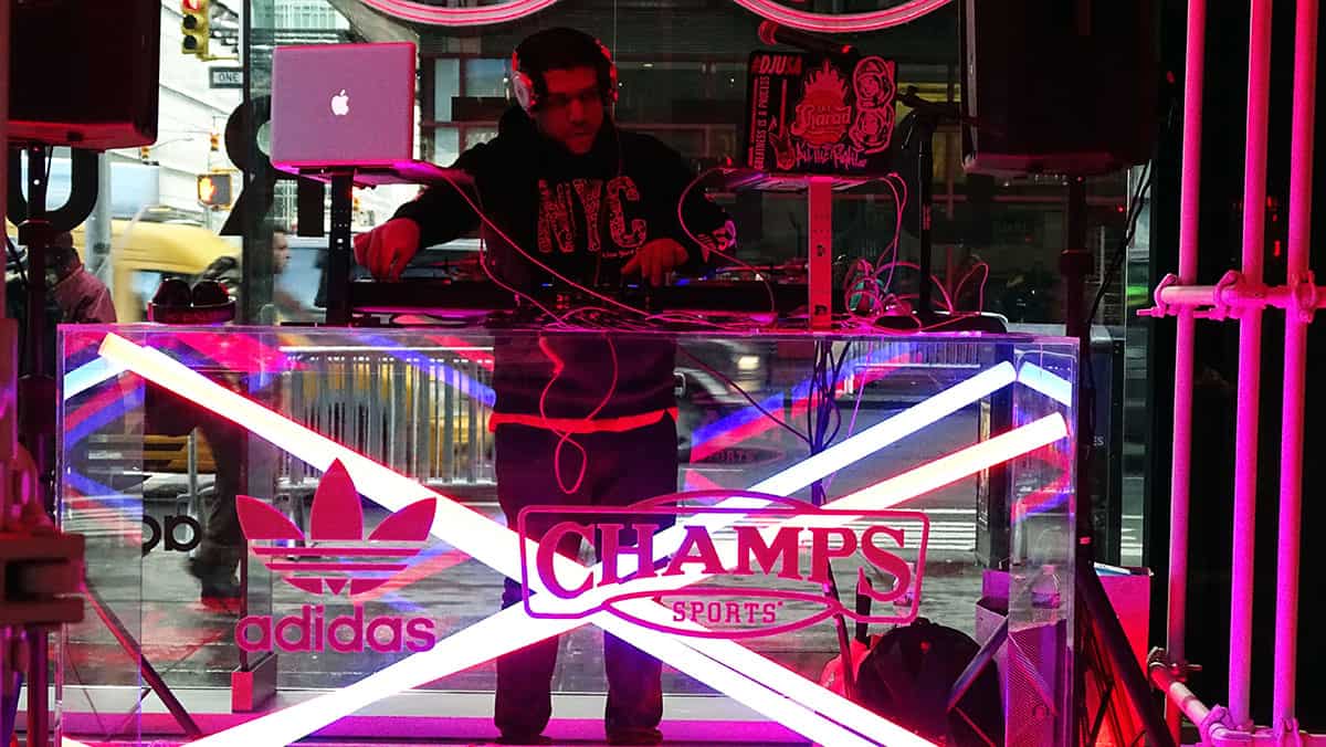 Dj playing at adidas x champs sport deerupt pop up in NYC