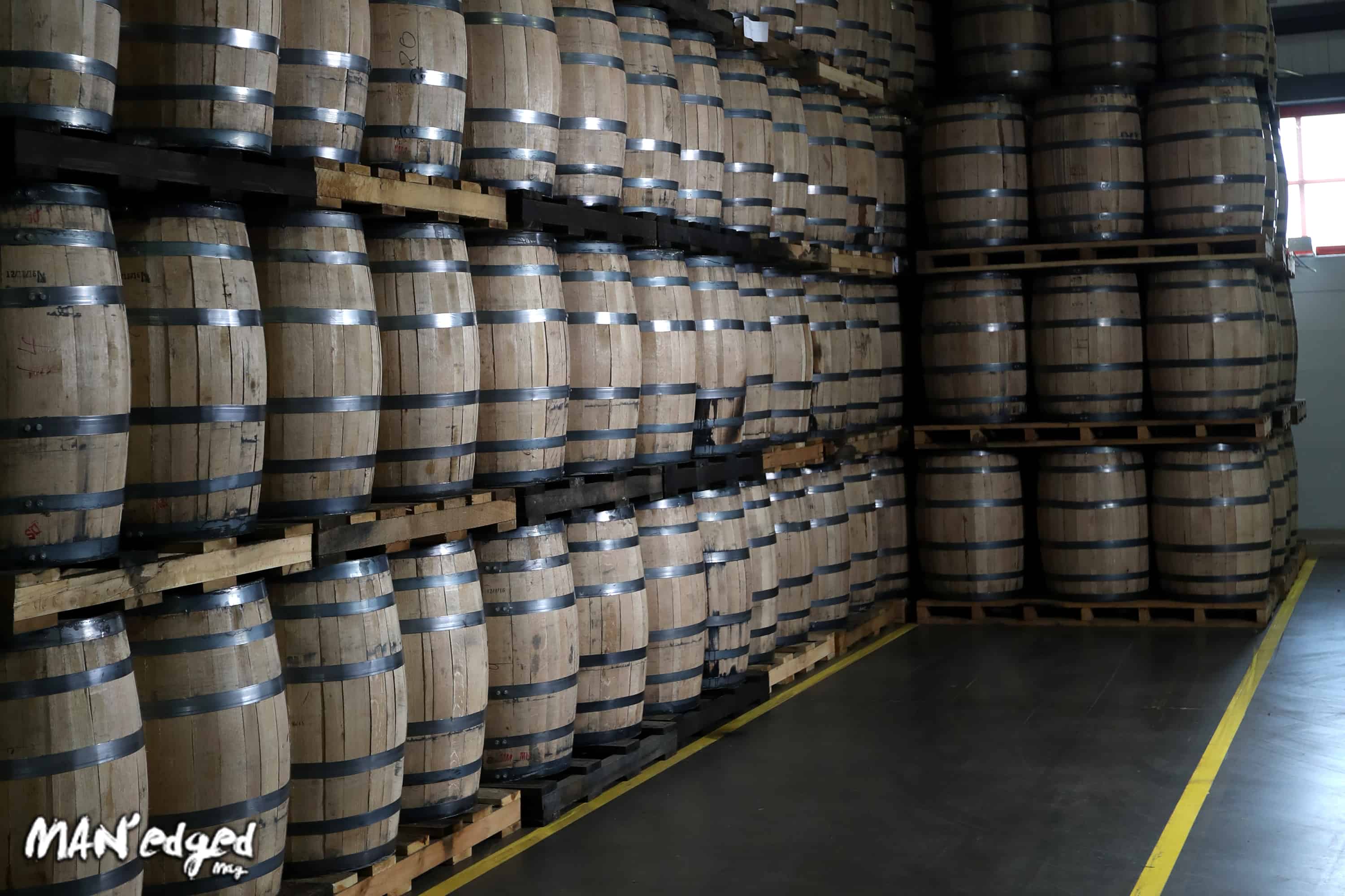 Whiskey and bourbon barrels at Bulleit's new distillery in Kentucky