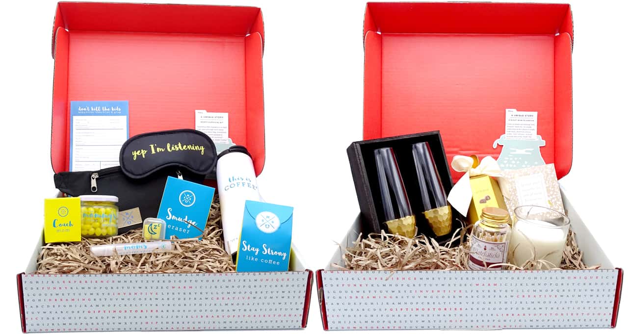 Mother's Day thoughfully gift boxes, left eye mask, right champagne glasses