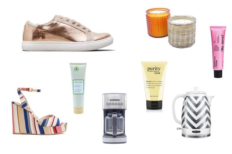 MAN'edged Magazine Mother's Day Best Gift Ideas featuring gold shoes, women's wedge, coffee pot, sneaker, tea kettle, and more.