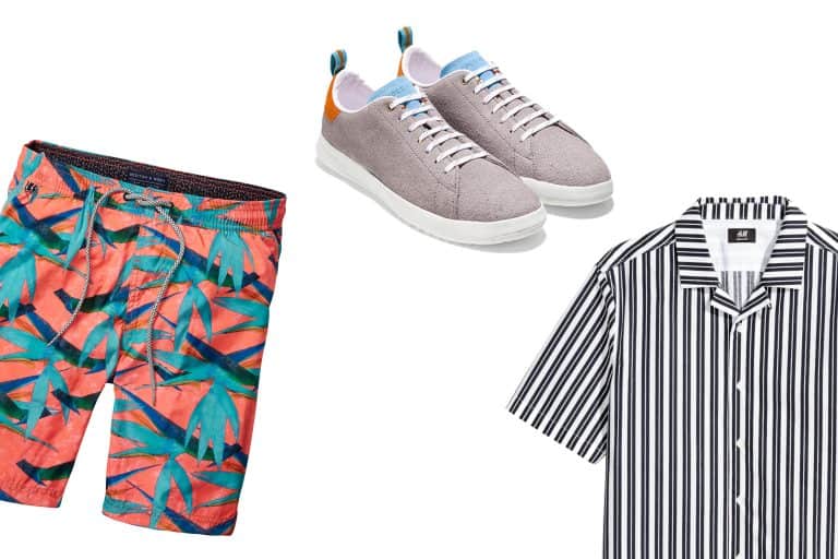 July Men's Summer Editor's Pick featuring men's printed swim trunks, men's gray sneakers, and men's striped shirt