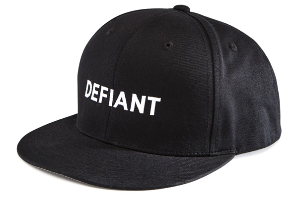 Black DEFIANT Hat in Bloomingdales pop up shop celebrating HBO's the defiant ones 