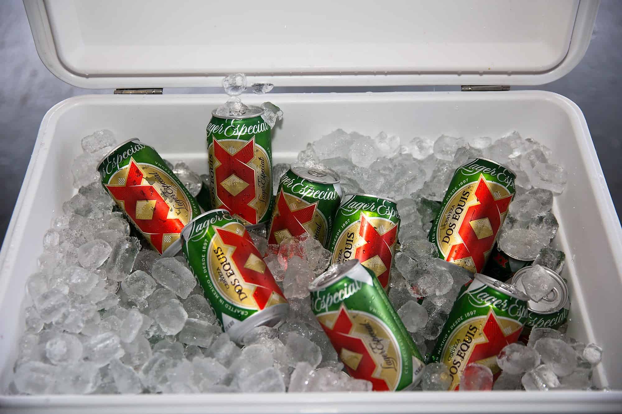 Dos Equis beer in ice chest