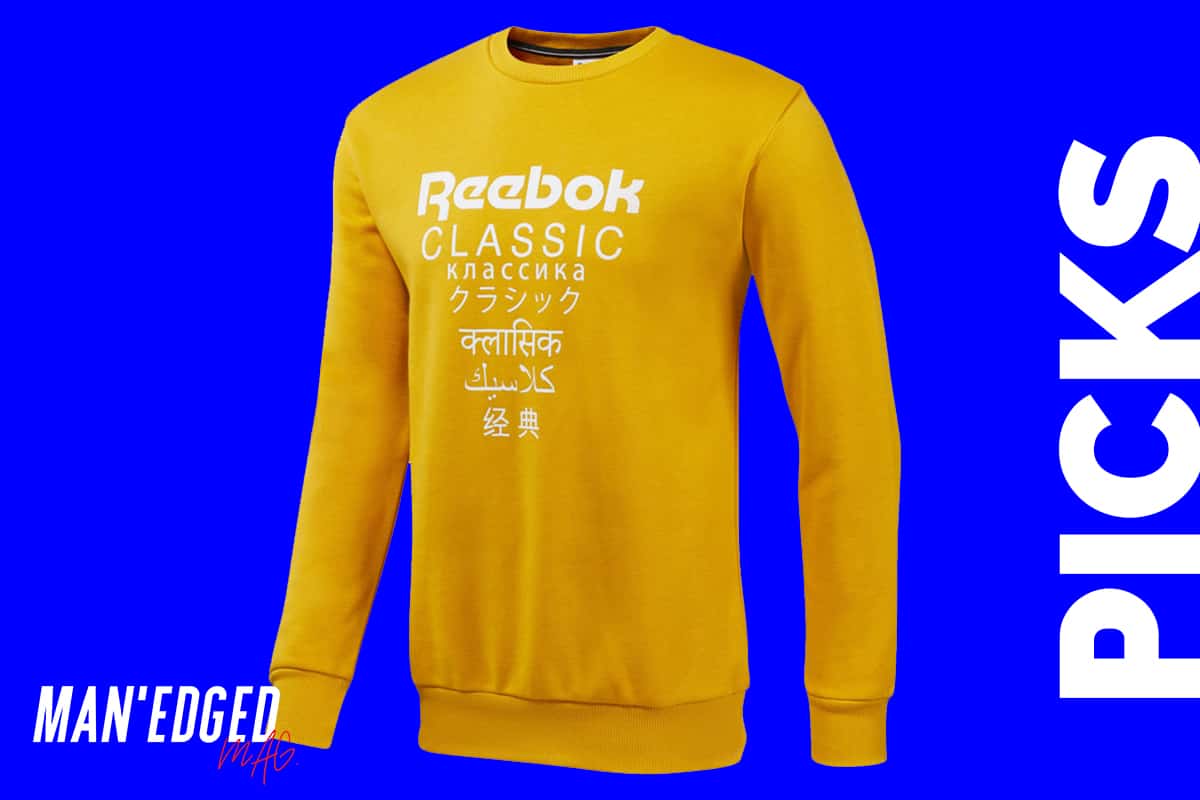 the best men's sweaters for fall roundup by MAN'edged Magazine highlighting a yellow men's reebok classic sweater