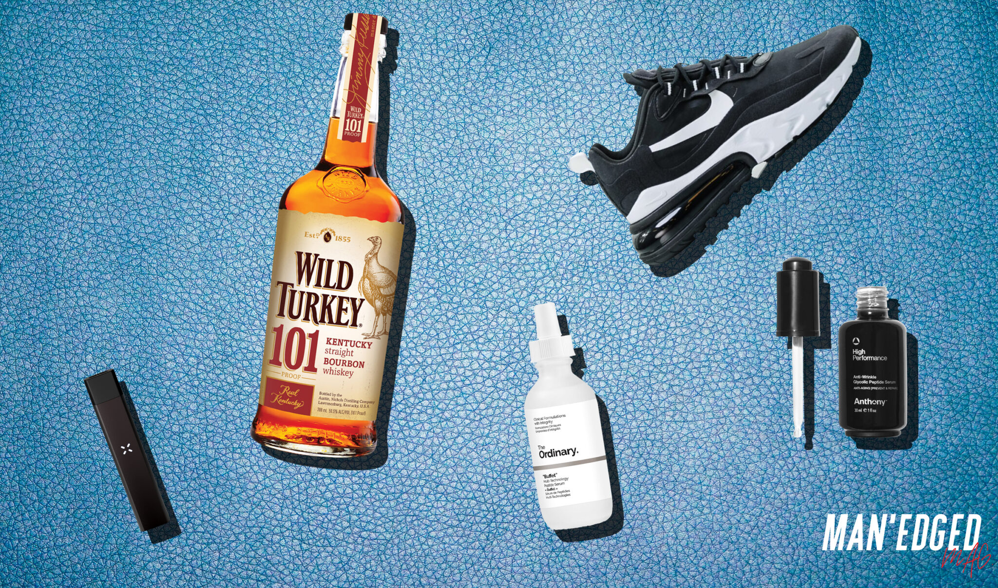 must-have items for men 2020 featuring a hand selected bottle of whiskey, vapor pen, skin care product and mens sneakers