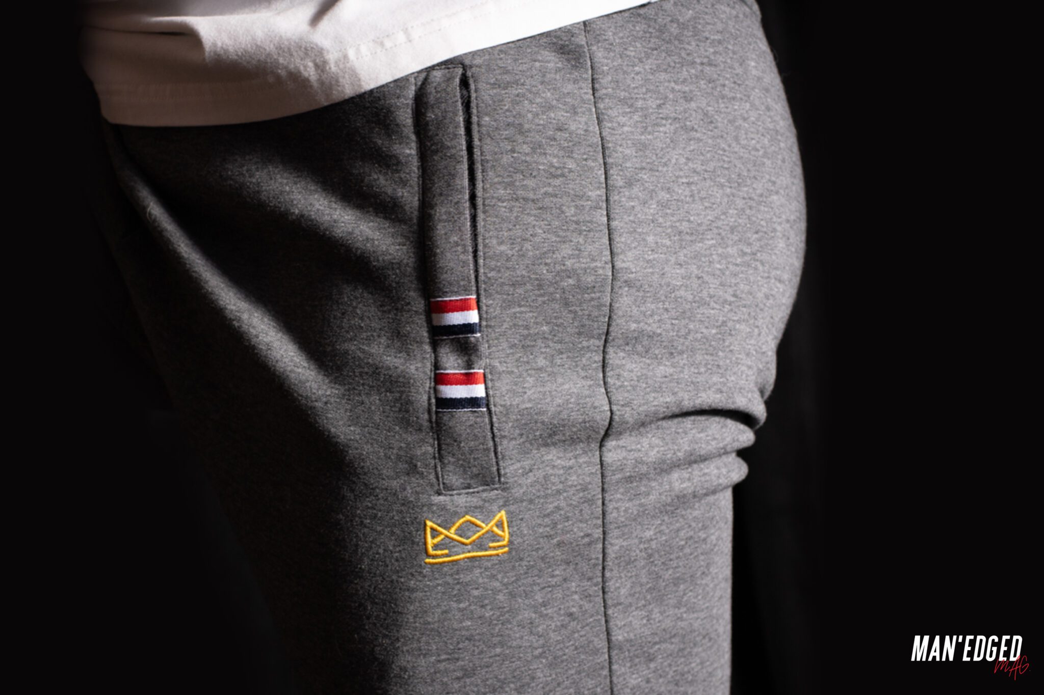 detail embroidery of the men's gray sweatpants by MANgerie