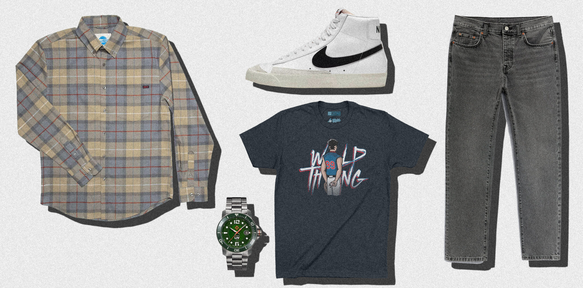 men's flannel outfit idea featuring green flannel, grey denim, white sneakers and silver watch