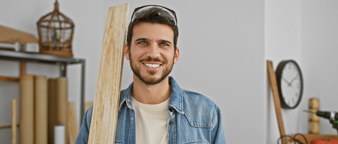 A young man in a denim jacket and white tee shirt smiles while holding a piece of plywood in a white room.