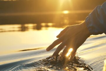 A person in a jacket riding on a still lake in a kayak. They are dragging their fingers along the surface of the water.