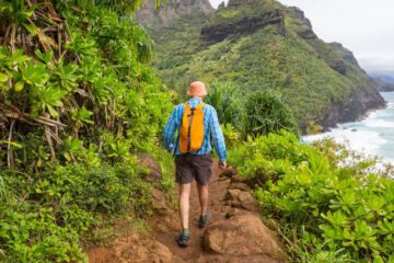 The backside of someone in a long-sleeved shirt, shorts, and a backpack hiking along a lush, dirt trail with the ocean below.