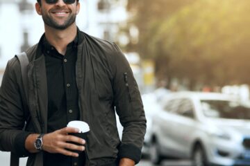 Man wearing sunglasses walks on city street holding coffee cup, with parked cars and buildings in soft sunlight.